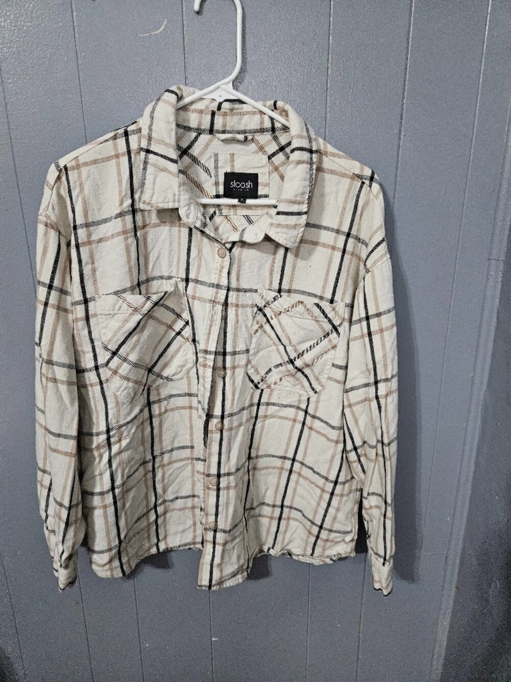 Stoosh Cream Plaid Flannel Button-Down Shirt Size L